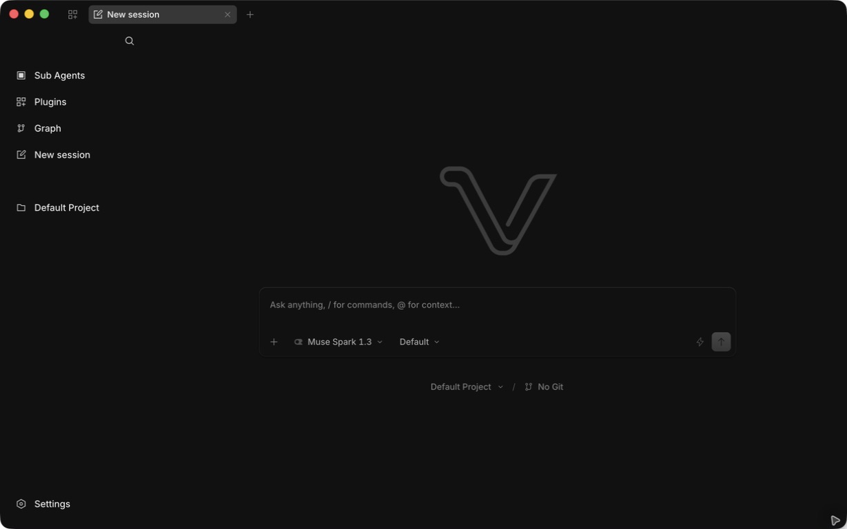 An empty Virillio Code session showing project navigation, the prompt composer, model selector, and mode selector.